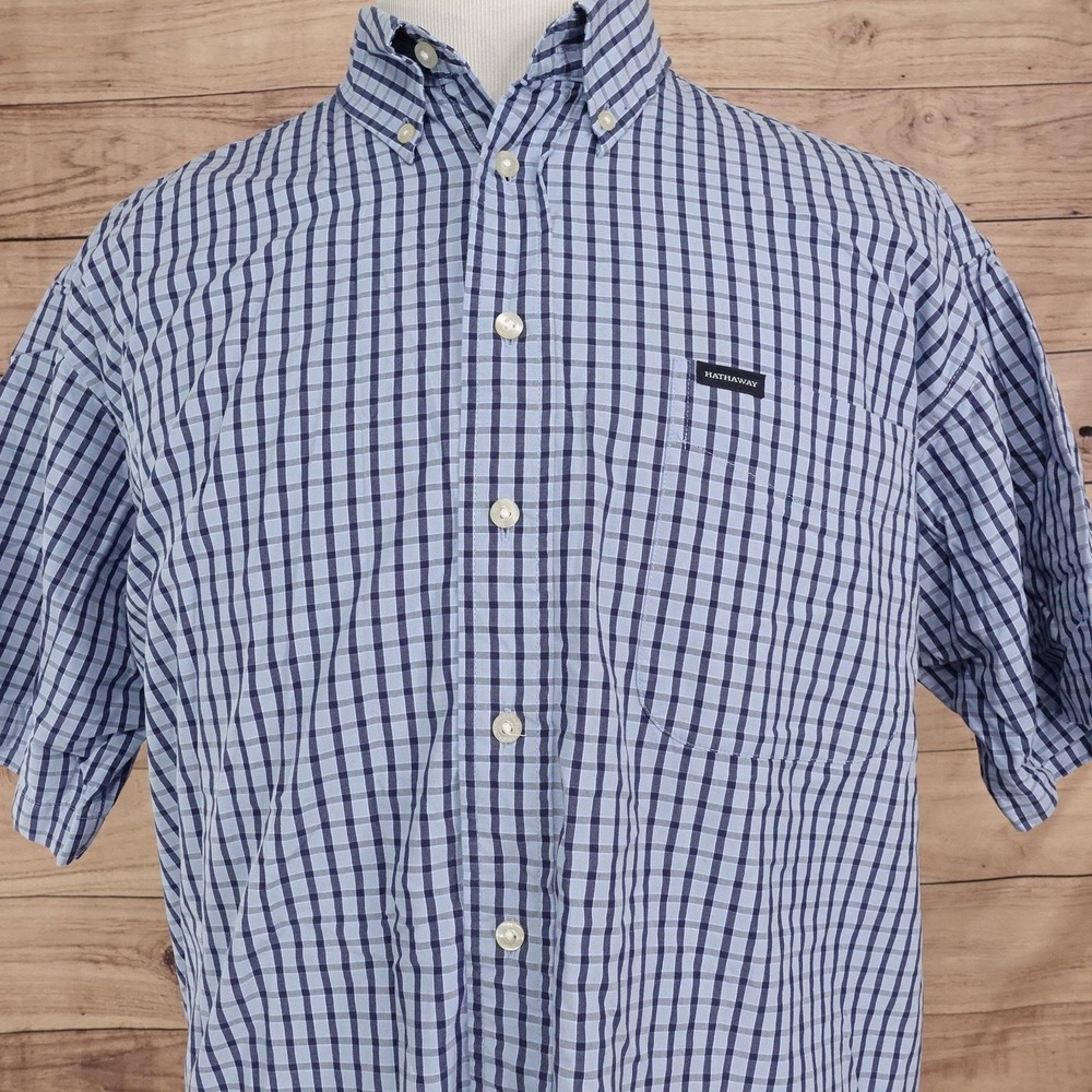 Hathaway Shirt Mens XL Blue Check Short Sleeve Button-Up Cotton Pocket Casual